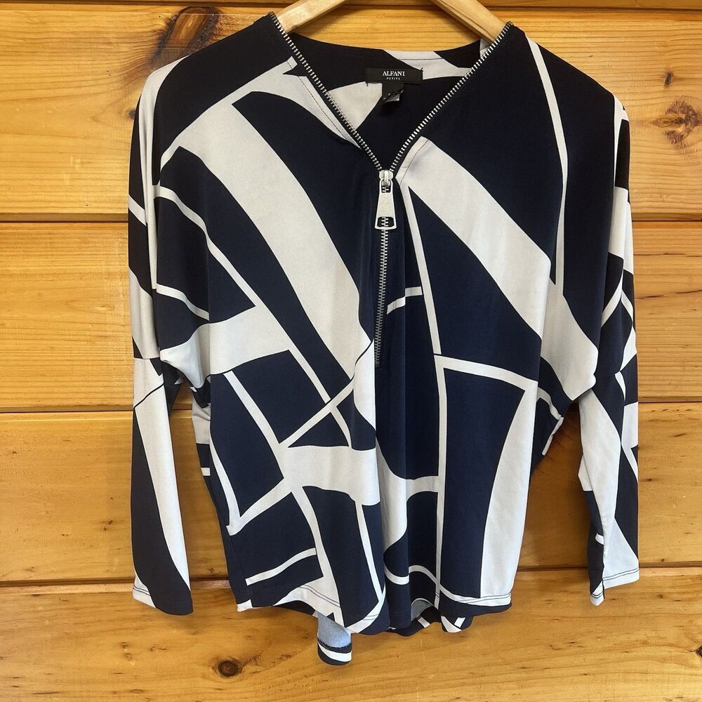 Alfani Womens Stretch Polyester 3/4 Sleeve 1/2 Zip Navy White Blouse Shirt P/P